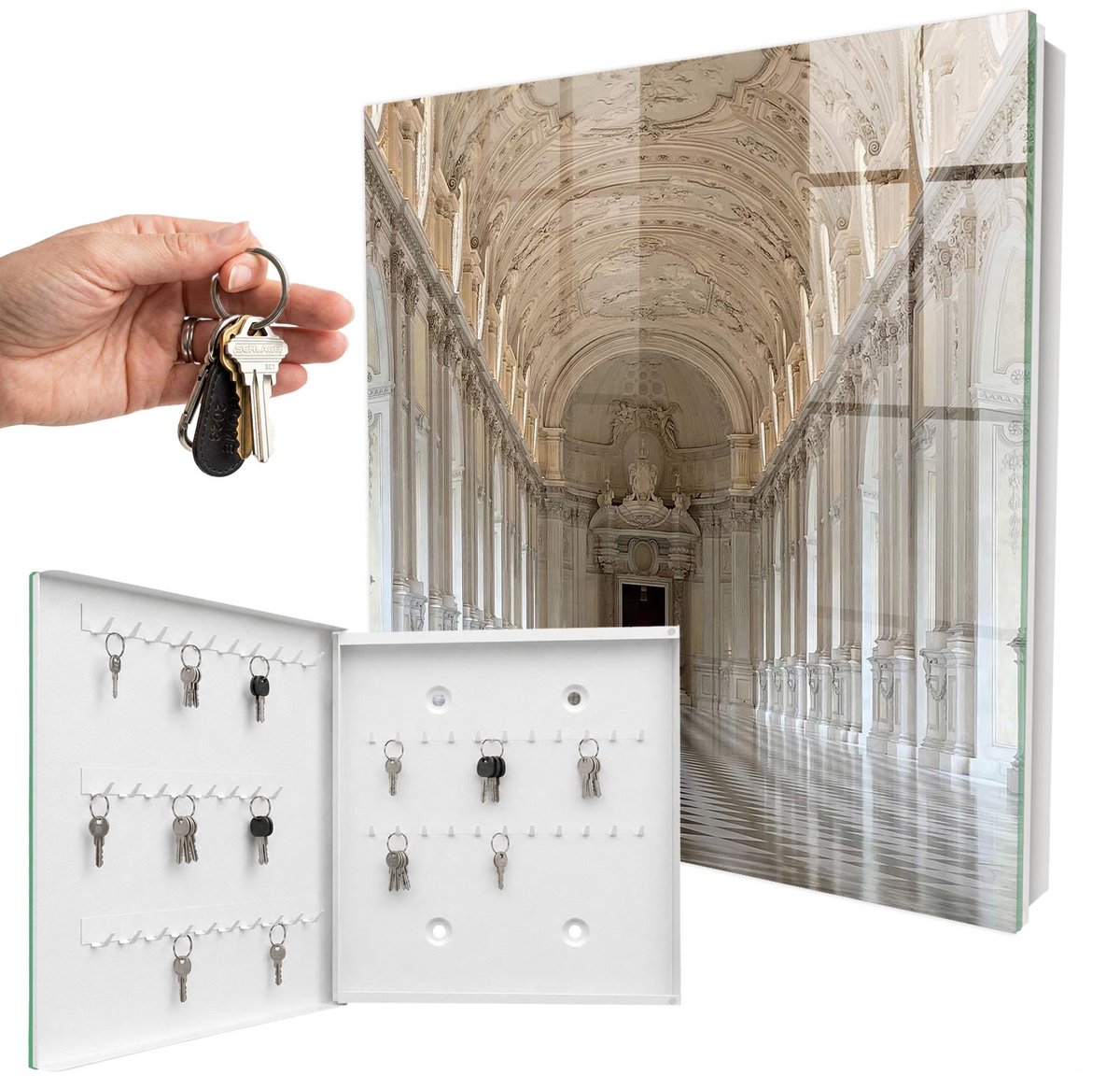 WallMuralia - Sleutelkast - 30x30x5 cm - met 50 haken - Klassieke Architectuur Design Sleutelkastje - Beige Sleutelbox - Linksopenend - Wit interieur