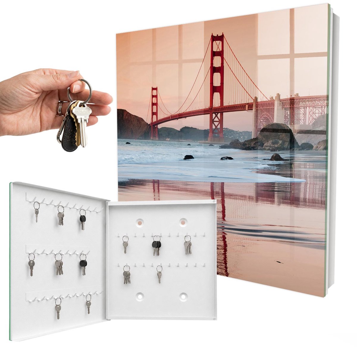 WallMuralia - Sleutelkast - 30x30x5 cm - met 50 haken - Zonsondergang Leuk Sleutelkastje - Oranje Sleutelbox - Linksopenend - Wit interieur
