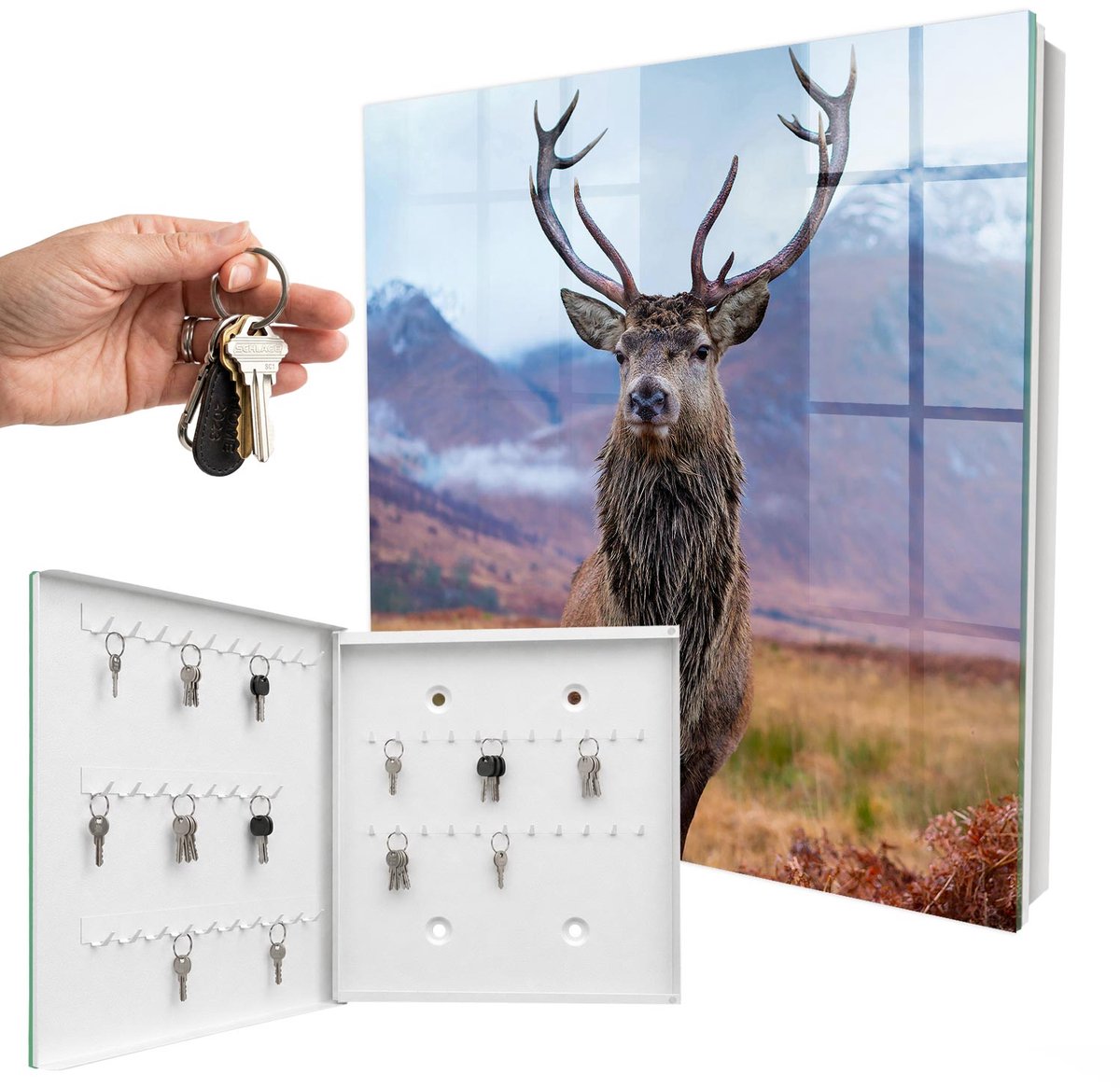 WallMuralia - Sleutelkast - 30x30x5 cm - met 50 haken - Herten In De Bergen Design Sleutelkastje - Bruin Sleutelbox - Linksopenend - Wit interieur