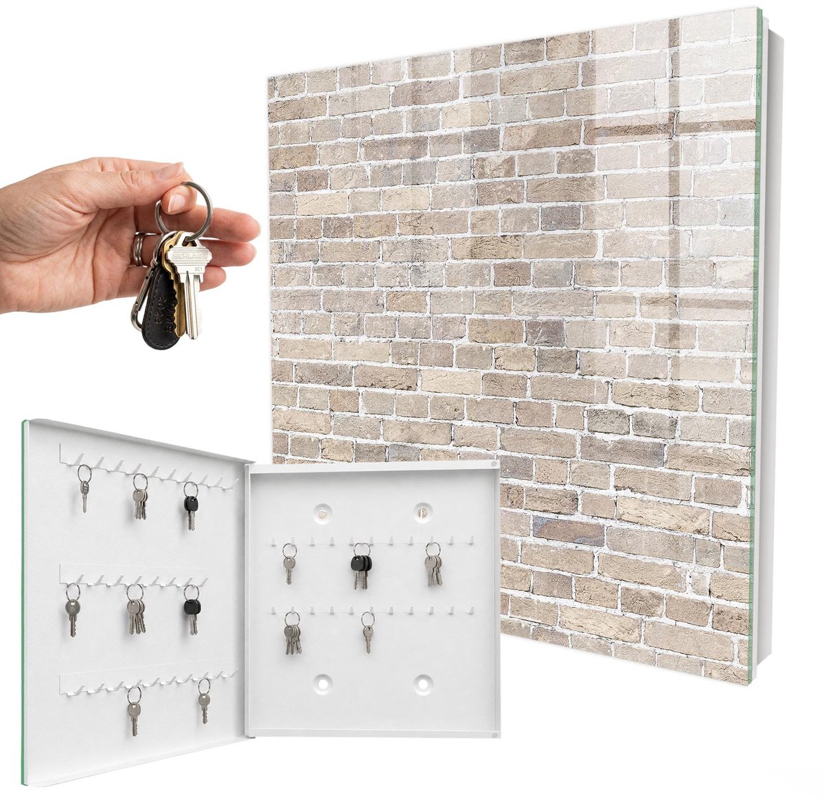 WallMuralia - Sleutelkast - 30x30x5 cm - met 50 haken - Baksteencompositie Sleutelkastje Modern - Beige Sleutelbox - Linksopenend - Wit interieur