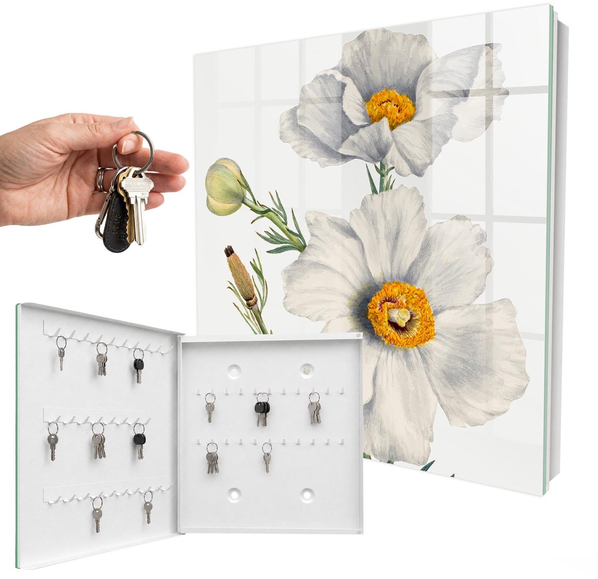 WallMuralia - Sleutelkast - 30x30x5 cm - met 50 haken - Bloemen Natuur Sleutelkastje Modern - Wit Sleutelbox - Linksopenend - Wit interieur