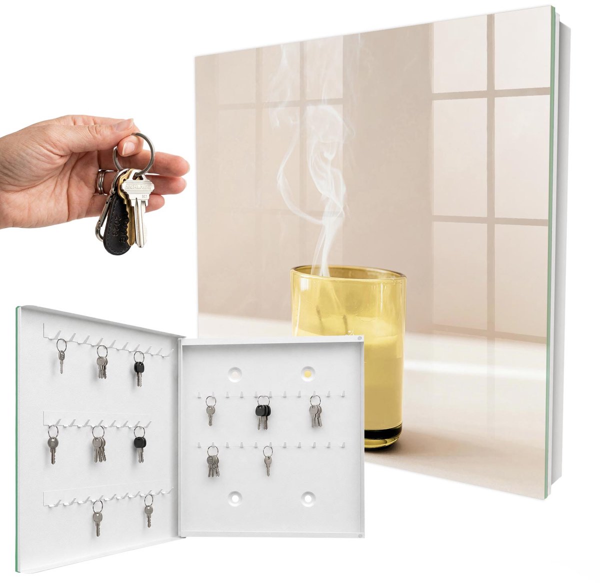 WallMuralia - Sleutelkast - 30x30x5 cm - met 50 haken - Glazen Stuk Sleutelkastje Klein - Geel Sleutelbox - Linksopenend - Wit interieur