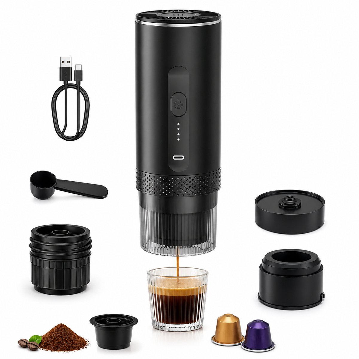 ITRONIQ Draagbare Espressomachine Met Accu - Draadloze Mini Koffiemachine 15 Bar - Voor Nespresso Capsules&Gemalen Koffie - Zwart