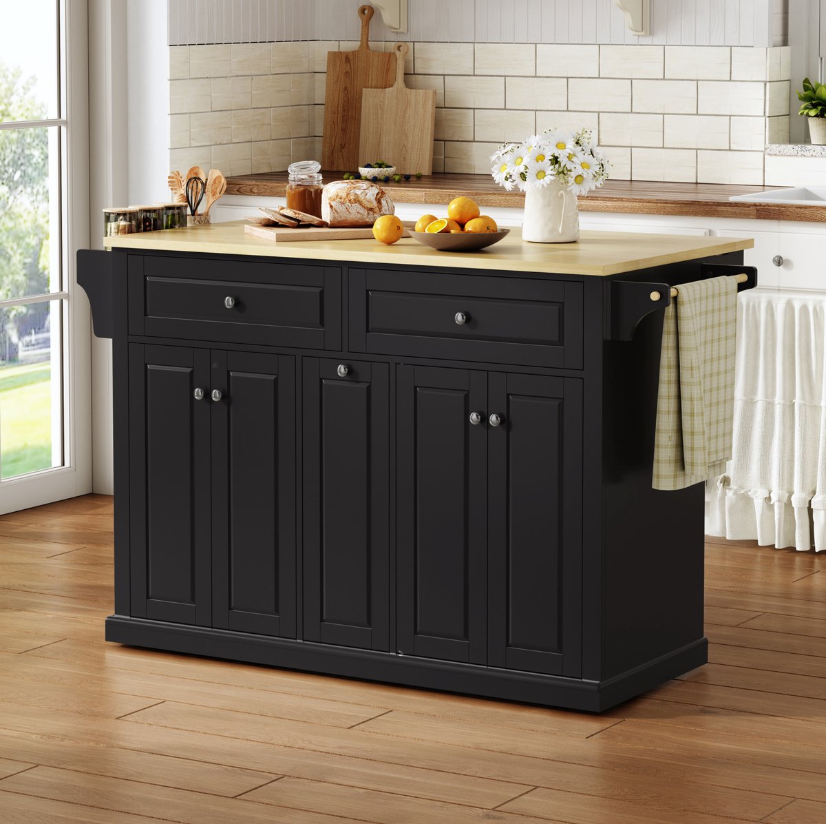 MIVRAY Keukenkast - Keukenisland Met Opklapbaar Werkblad En Ruime Opbergruimte - Voor Keuken En Eetruimte - MDF - Naturel Zwart - 121 Cm