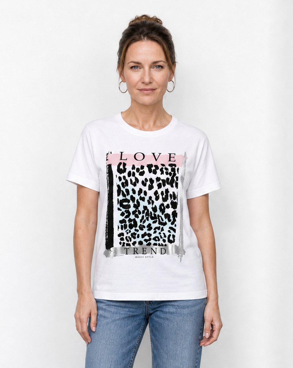 van Verla - Love Tshirt - Dames - Korte mouw - Ronde hals - wit / blauw / zebra - Maat S