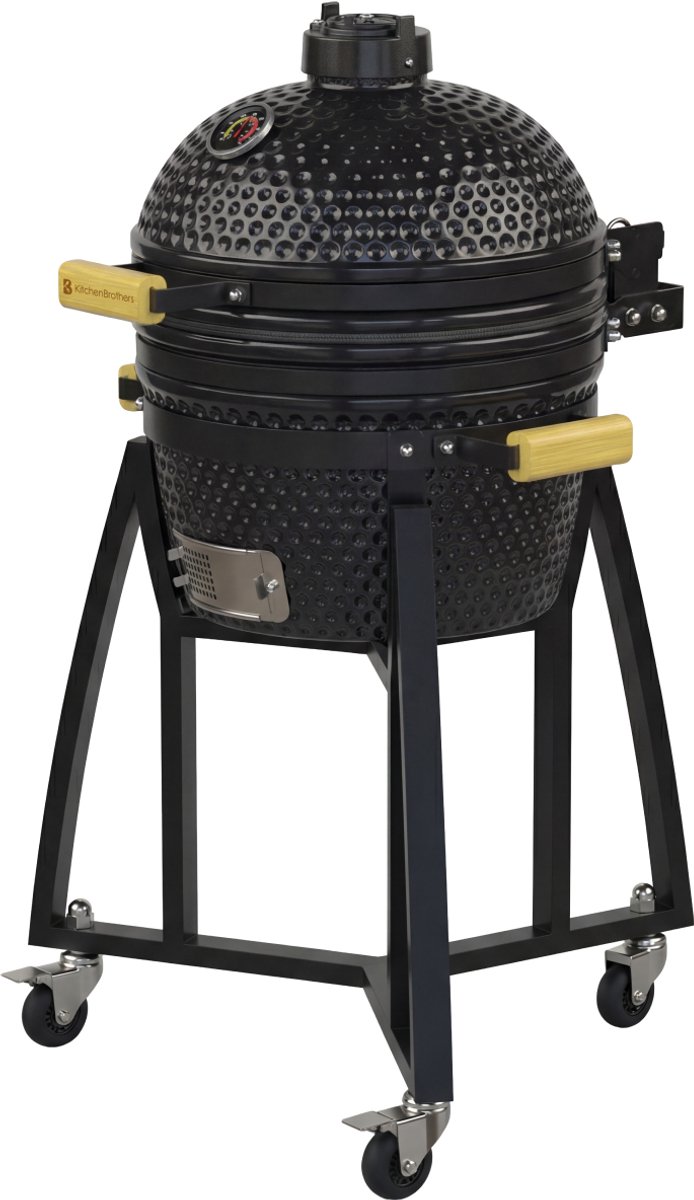 KitchenBrothers Kamado BBQ met Onderstel - Verrijdbaar Frame - 16 Inch - Inclusief Accessoires en Hoes - PFAS-vrij - Zwart