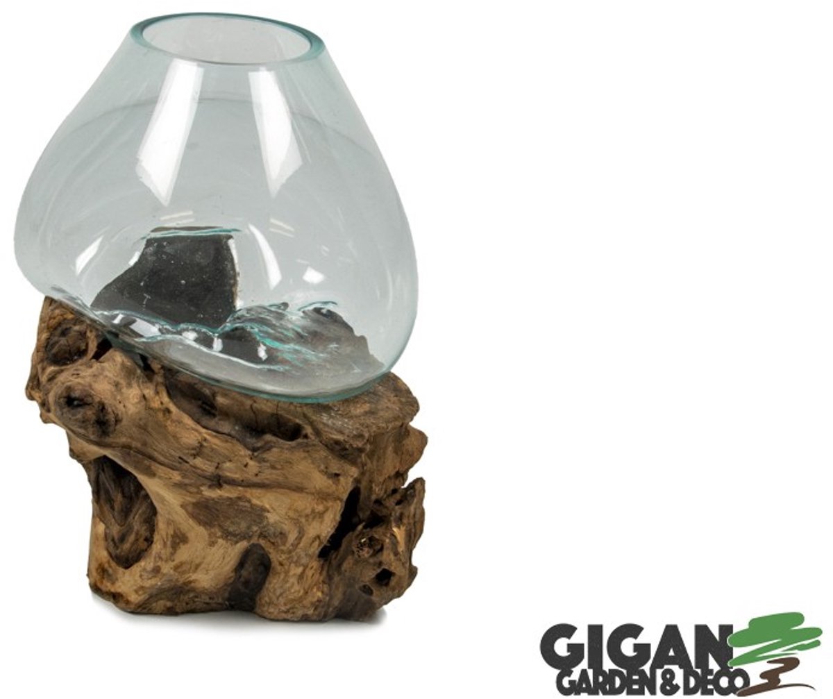NatureLooks Glazen vaas op hout van gamal-wortel van 30cm Hout en glas