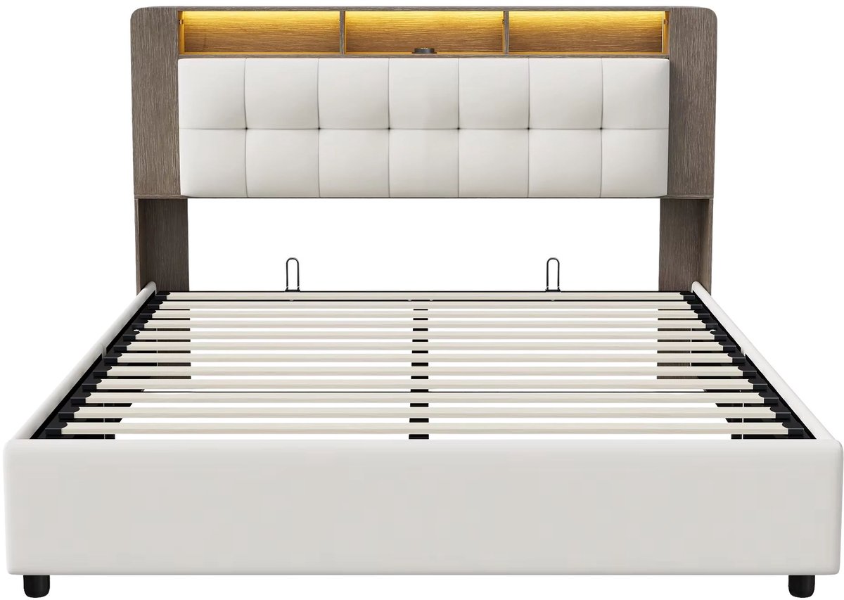 Happiq Gestoffeerd Tweepersoonsbed 160x200 cm Off White - met LED Verlichting, Opbergruimte, Lattenbodem, Hoofdbord