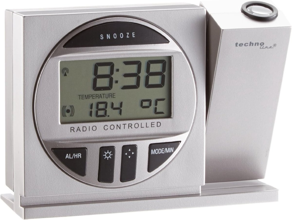 SnelShoppen - Digitale Projektionswecker met Achtergrondverlichting, Temperatuurweergave, Draadloze Tijdsynchronisatie, Zilver, Compact 123x42x91mm vo