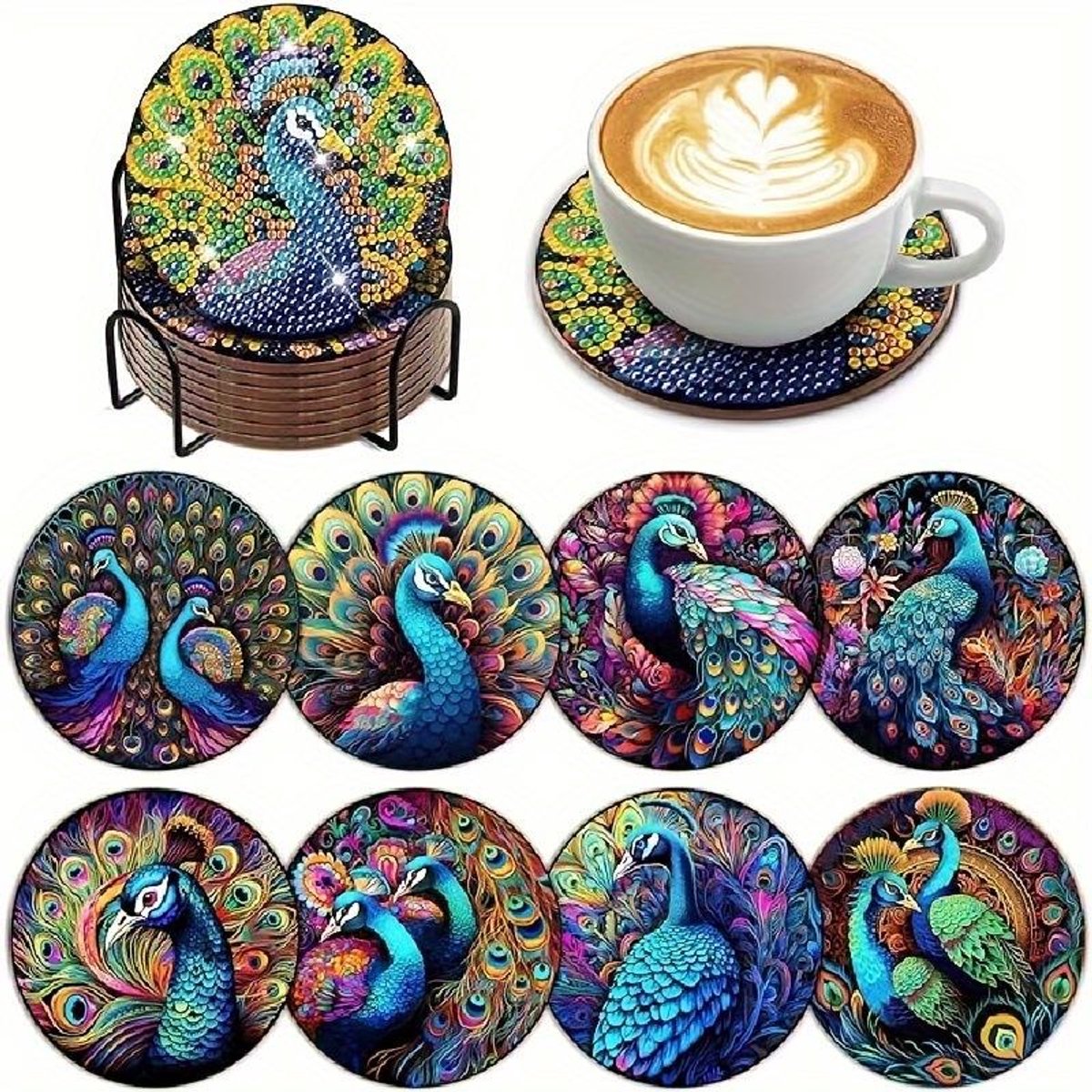 YYchan DIY Diamond Painting Onderzetters Set - 8 Stuks met Houder - Handgemaakt & Hittebestendig - Pakket Volwassenen en Kinderen - Pauw