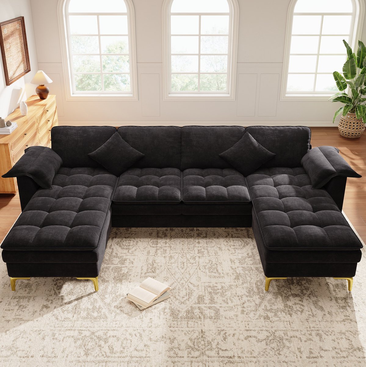 FloraGrace U-Bank 262 x 134 x 86 Cm - 4-Zits Modulair Ontwerp Met 2 Chaise Longues En 2 Kussens - Chenille - Zwart