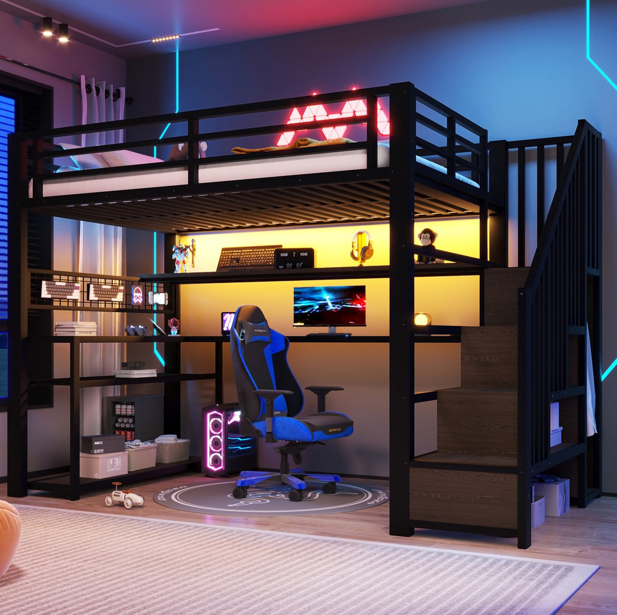 MIVRAY Hoogslaper 90x200 cm - Zonder Matras Met Bureau, Kledingkast En Ledverlichting - Met Opbergruimte - Metaal En MDF - Zwart