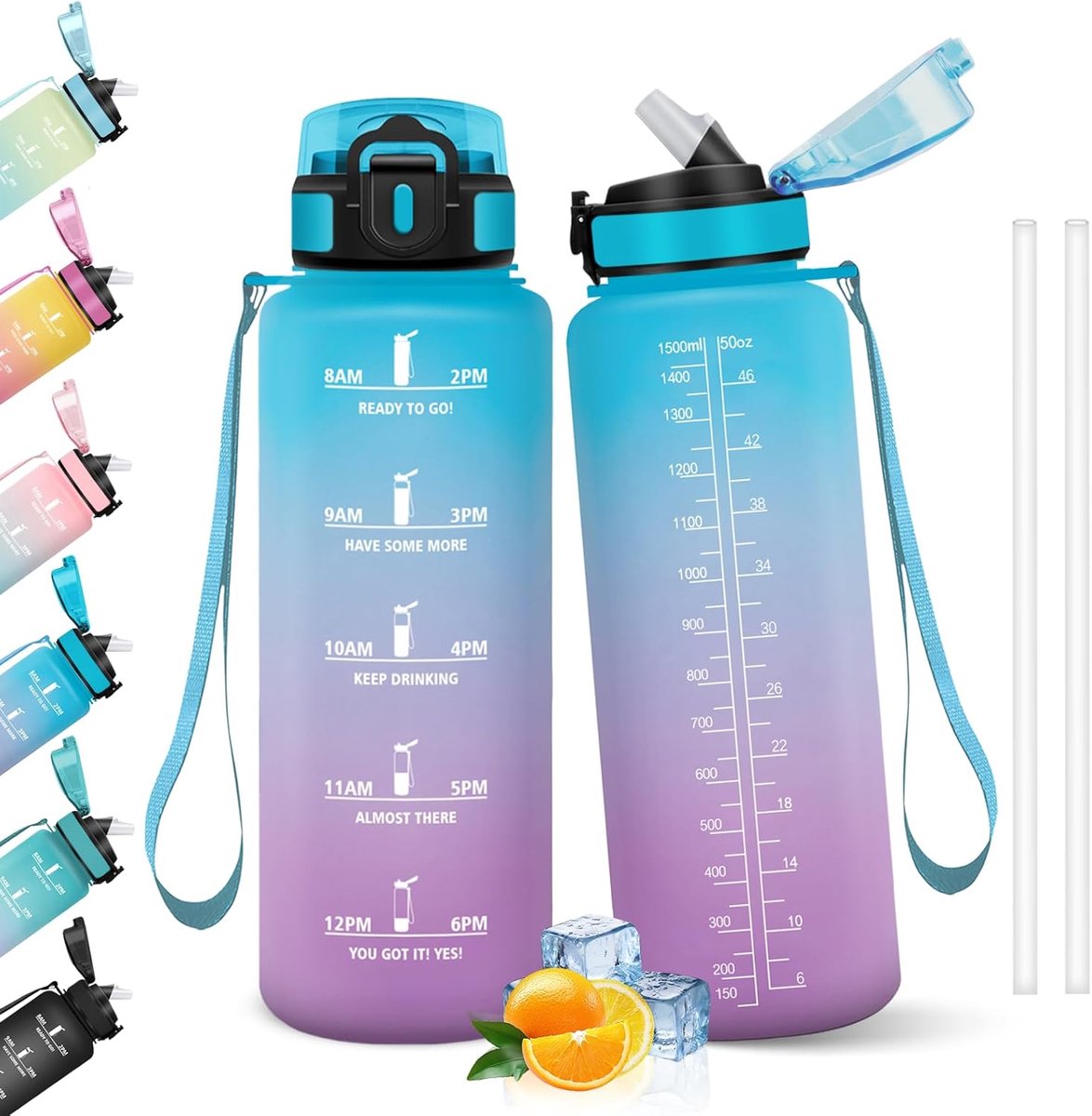 1,5 l motiverende waterfles met rietje, lekvrij, waterfles voor school, sportschool, camping, fietsen, yoga