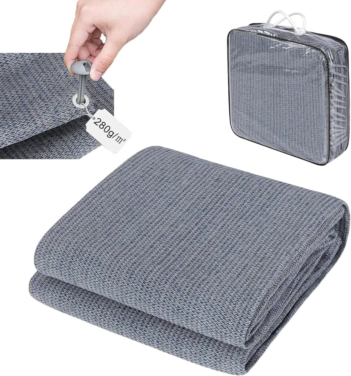 Hoogwaardige outdoor campingmat, tapijt voor tent, camper van HDPE, voortenttapijt met aluminium lussen, draagtas, outdoor campingtapijt, blauwgrijs c135