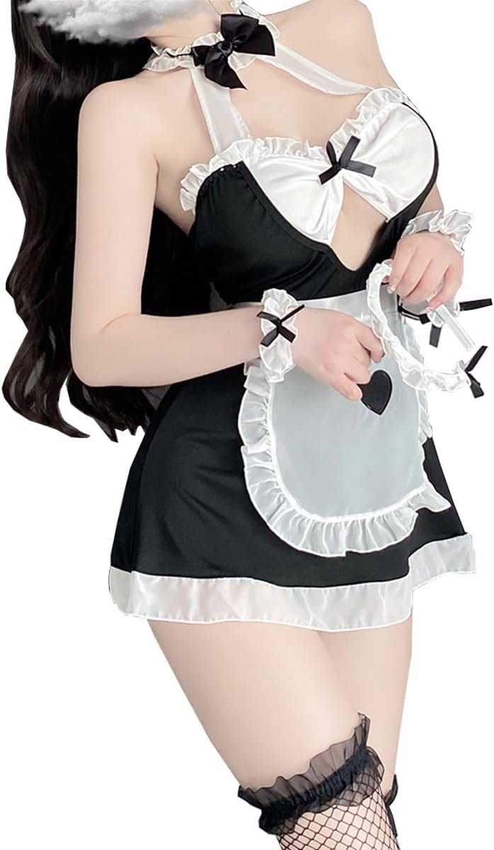 dienstmeisje outfit Lolita Cosplay Lingerie Kawaii Maid schort Sexy Frans dienstmeisje jurk Halloween kostuum uitgehold veter-nekhouder babydoll-jurk