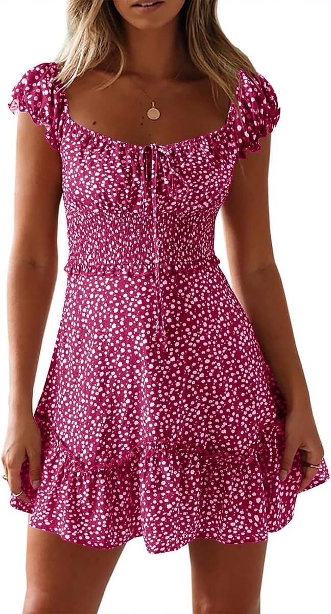 Bell Sexy mini-jurk voor dames, bloemenprint, gesmokte ruches, boho-jurk, stropdas aan de voorkant, zomerjurk