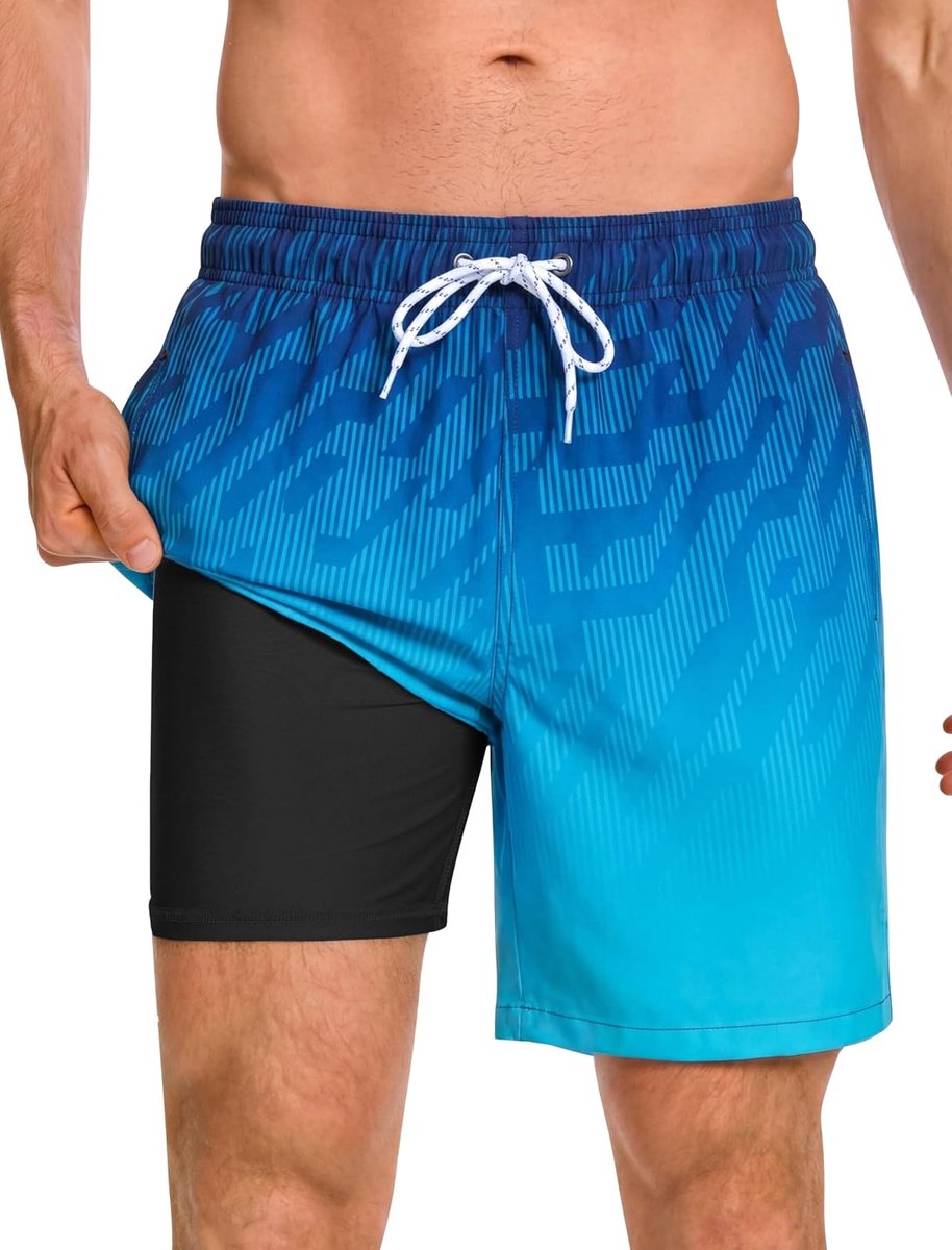 Zwembroek voor heren, korte 2-in-1 zwemshorts met compressie, binnenbroek, sneldrogend, zwembroek met ritszak