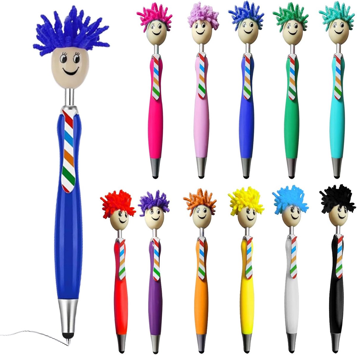 12 stuks Balpen, Microvezel Schermreiniger, Grappige Mophead Topperpennen, Creatieve Balpen, Cadeau voor Volwassenen en Kinderen (12 Kleuren)