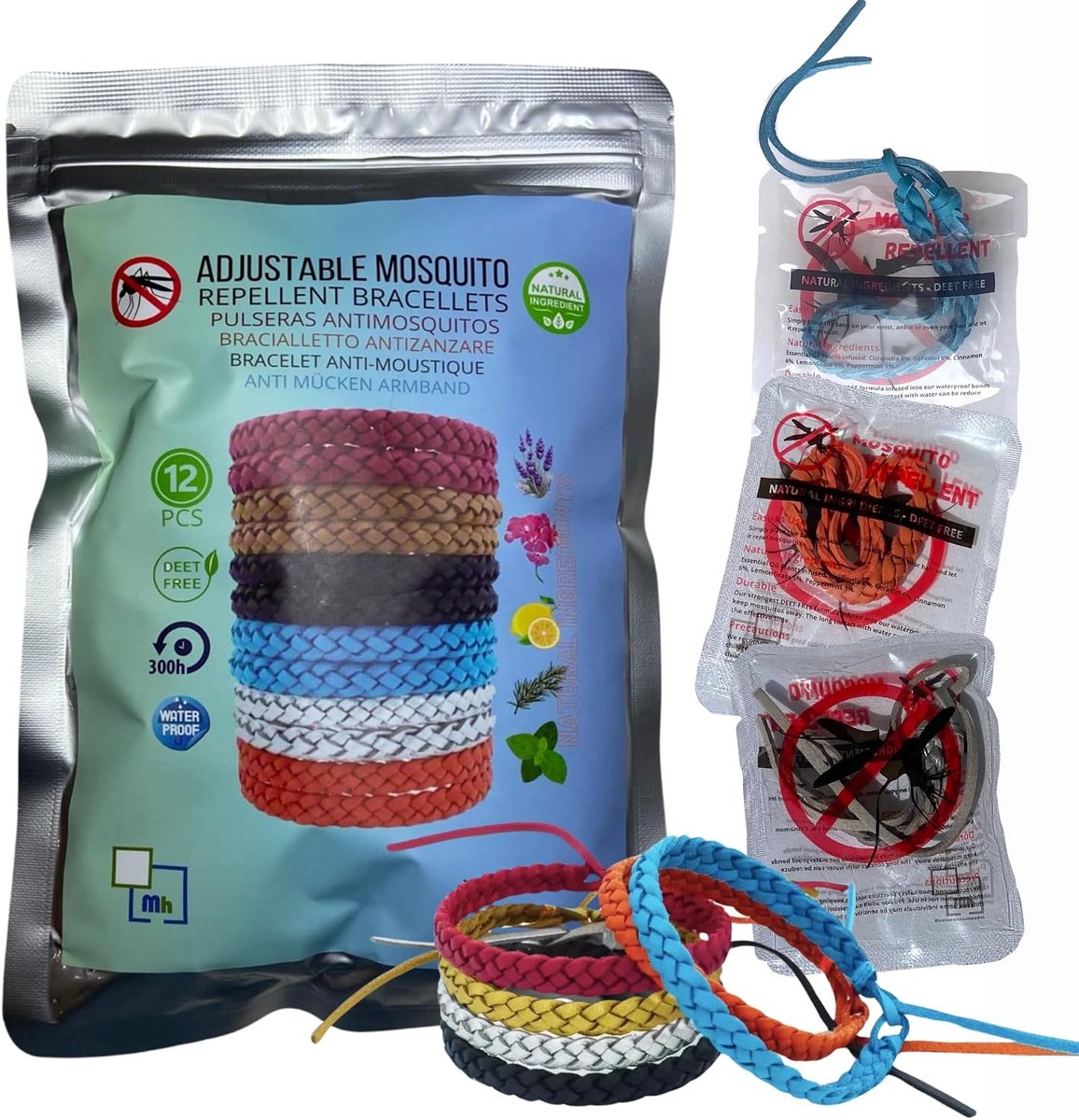 armbanden, 12 stuks, enkele zakjes, zelfsluitend, natuurlijk, zonder DEET, etherische oliën, niet giftig, kaneelolie, geranium, citroengras