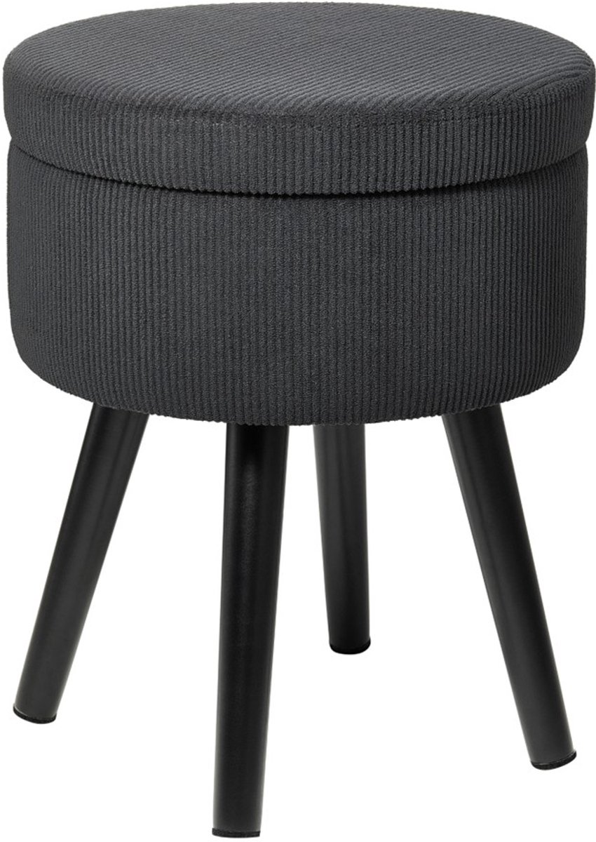 HÜSQ ronde Poef met Opbergruimte - Hocker - Opbergpoef met Deksel - ribfluweel - corduroy - zwart