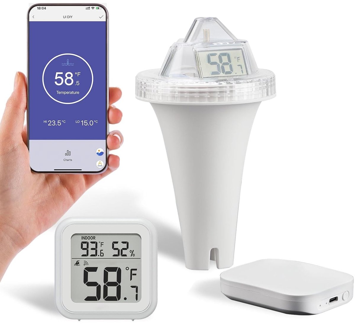 Draadloze zwembadthermometer met WiFi-gateway voor afstandsmonitoring, IP68 waterdicht, ideaal voor zwembad, spa en aquarium met 90 meter bereik