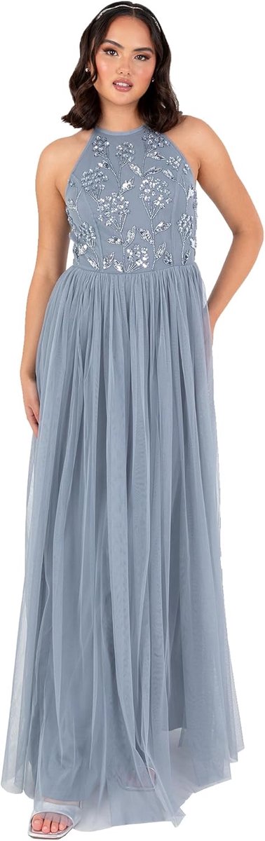 Deluxe Dames Maxi Jurk Dames Halter Hals Mouwloos Bloemen Pailletten Versierd Tulle A-lijn Bruidsmeisje Prom Ball Gown, Stofblauw 36, Dusty Blue., 36