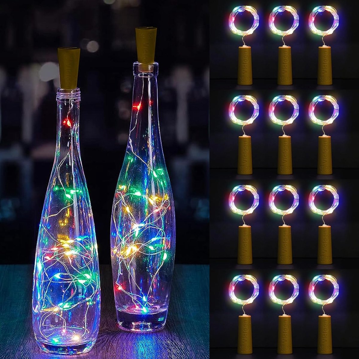 Flesverlichting, 12 stuks Lichtslingers Wijnverlichting met Kurk, 2M 20 LED's Koperdraad Batterijaangedreven Kleurrijke Verlichting DIY Decoratie voor Feesten, Bruiloft, Buiten