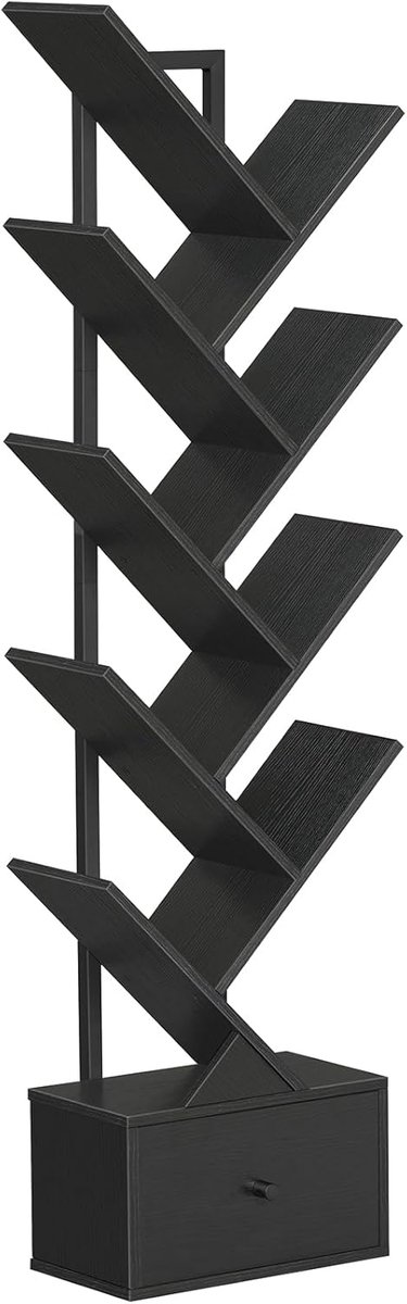 Boekenkast met lade, vrijstaande boekenkast met 9 niveaus, boomvormige boekenplank, dvd-plank, vrijstaande boekentoren, voor woonkamer, slaapkamer, thuiskantoor, zwart EBK18SJ01G1