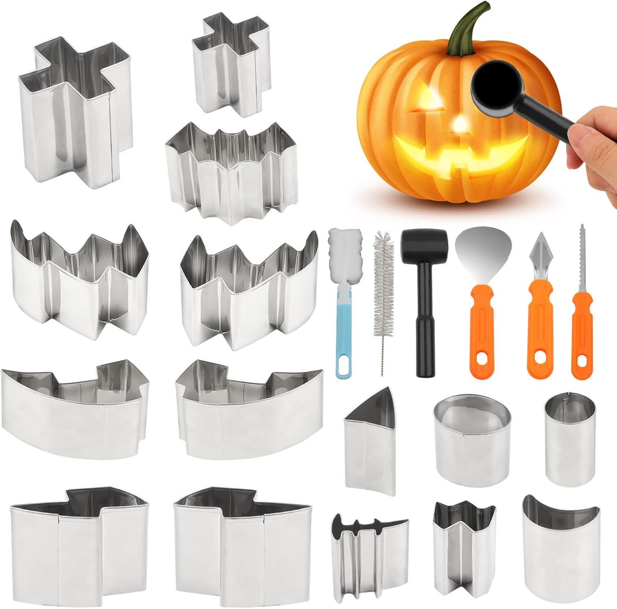 Halloween pompoensnijset met 21 pompoensnijgereedschappen voor doe-het-zelf decoratie, ideaal voor kinderen en volwassenen, met 15 roestvrijstalen vormen en sponsborstel