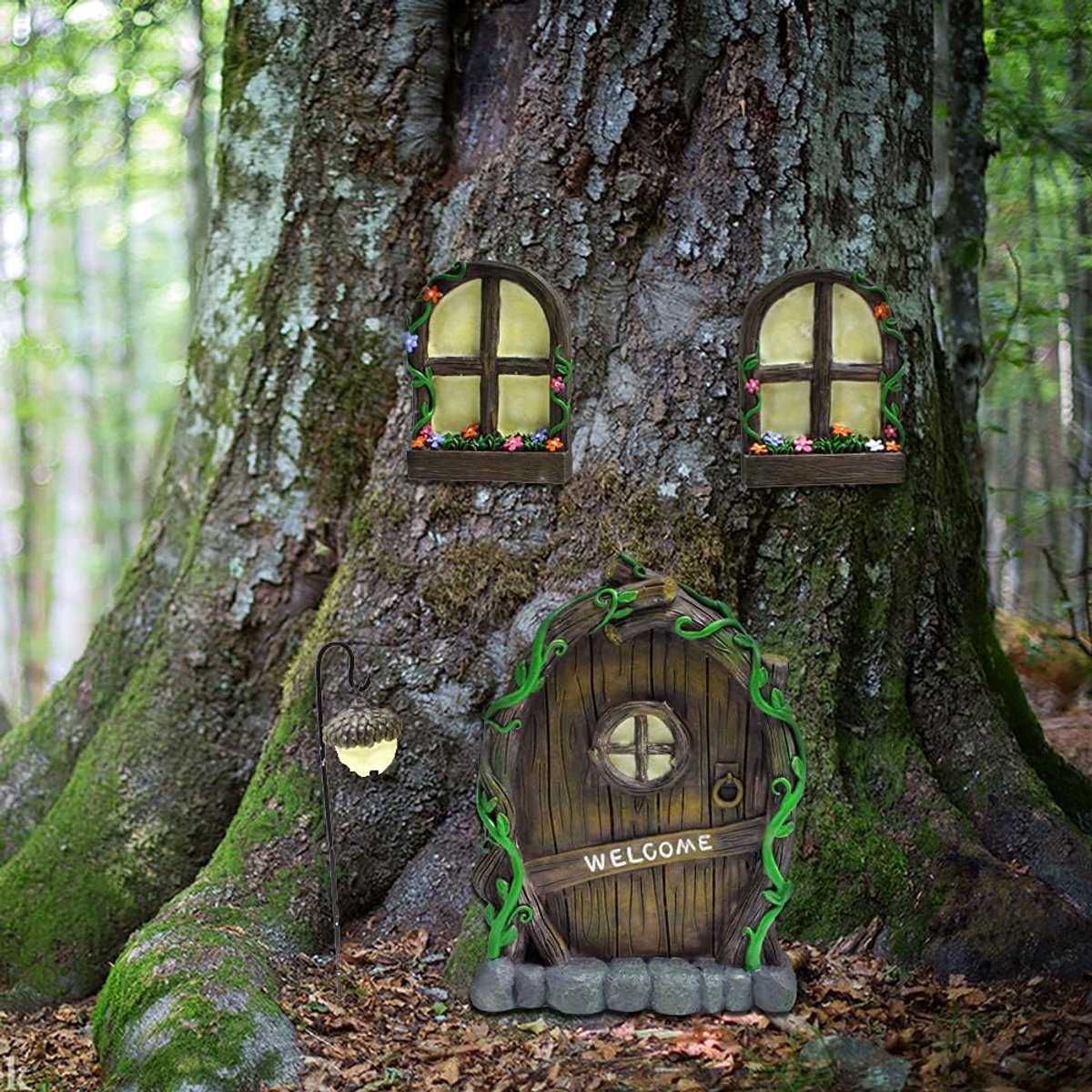 Fairy GNOME Home raam en deur, tuin outdoor standbeelden bomen decoratie tuin art sculptuur, patio gazon ornament accessoires cadeau voor kinderen muur indoor outdoor glow in the dark