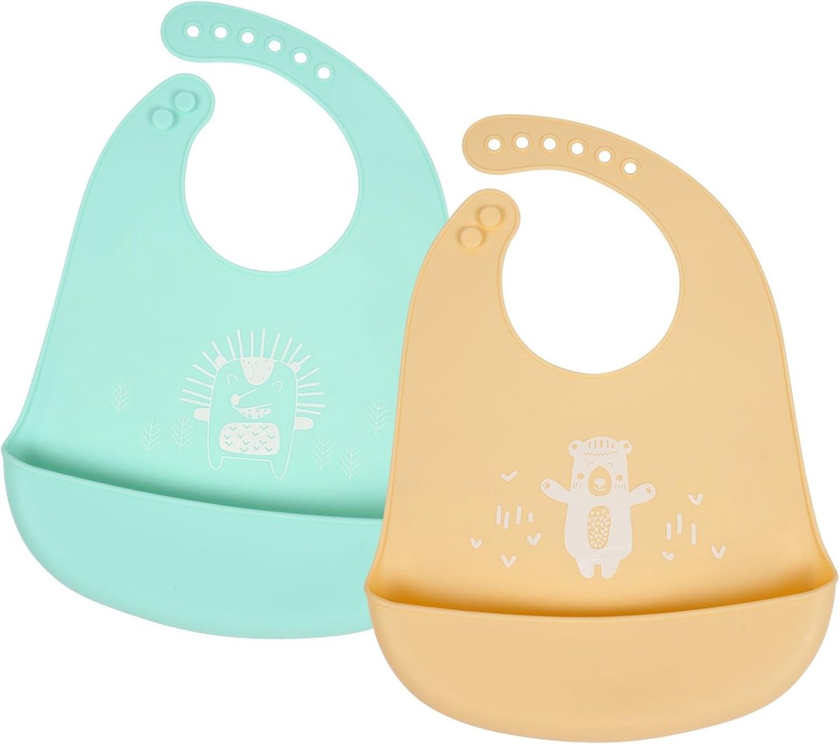 siliconen slabbetjes, 2 stuks babyvoedingsslabbetjes met lekbak, 6 verstelbare knopen, BPA vrij, slabbetjes, makkelijk schoon te maken, waterdicht voor baby's jongens en meisjes, beer en egel