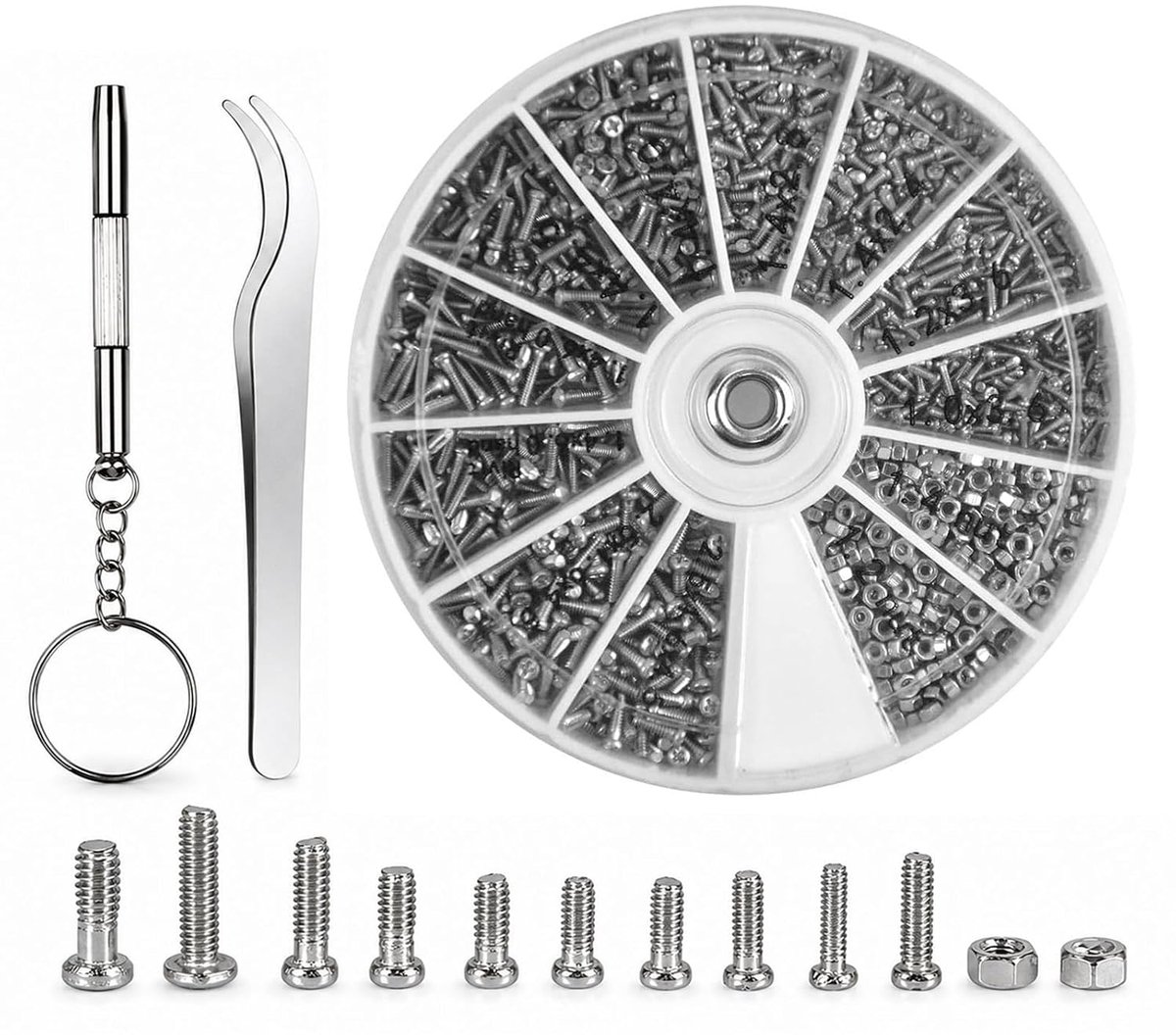 600 stuks schroeven moeren assortiment set, M1 M1.2 M1.4 M1.6 roestvrijstalen schroeven met moer, kleine schroevenset, voor polshorloges, horloges, brillen, met schroevendraaier, pincet