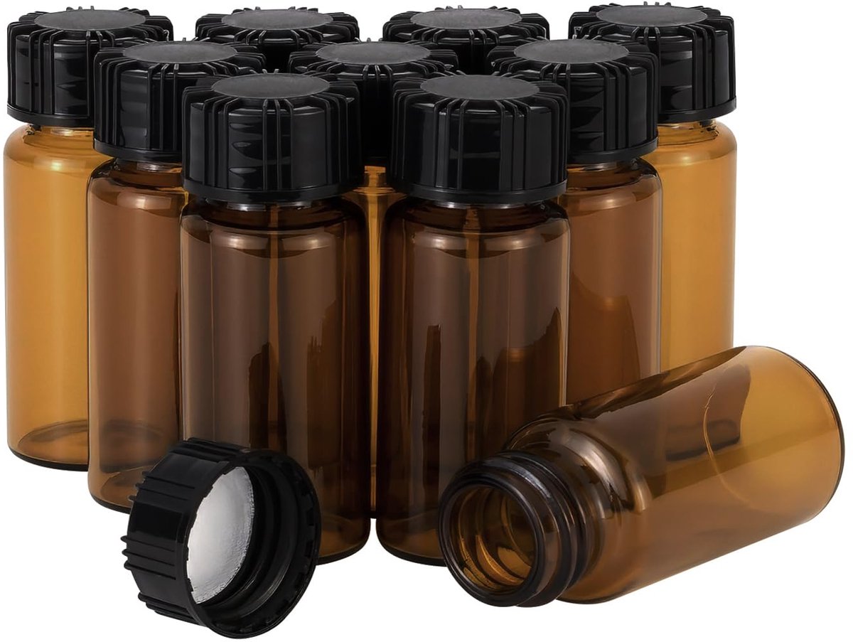 Glass Brown Bottles, Essential Oils, Liquid Sample Collection Bottles with Screwcap , Capacity 10ml - Pack of 10