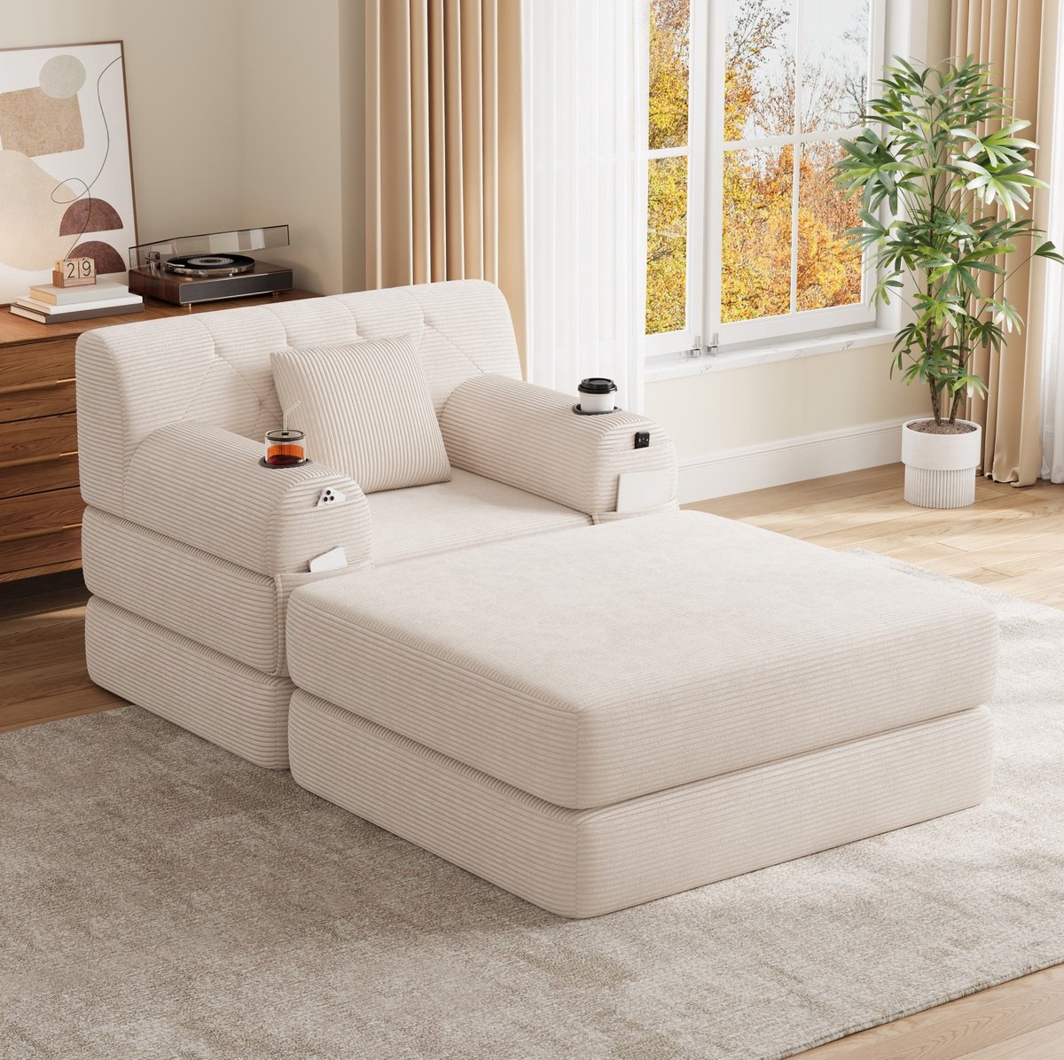 FloraGrace Fauteuil - 1-Zits Slaapfauteuil Met Hocker - Hoge Rugleuning, 2 Bekerhouders En 4 Zijvakken - Voor Woonkamer En Logeerkamer - Corduroy - Beige