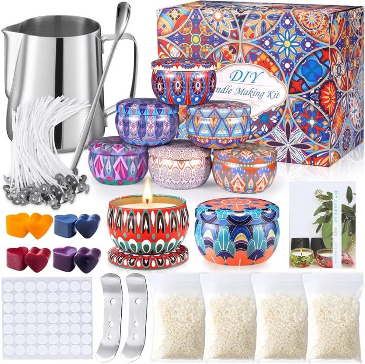 Kaarsenmakerset, zelfgemaakte geurkaarsen, accessoires, brandblikjes, kleurstoffen, inclusief bijenwas, lonten, stickers