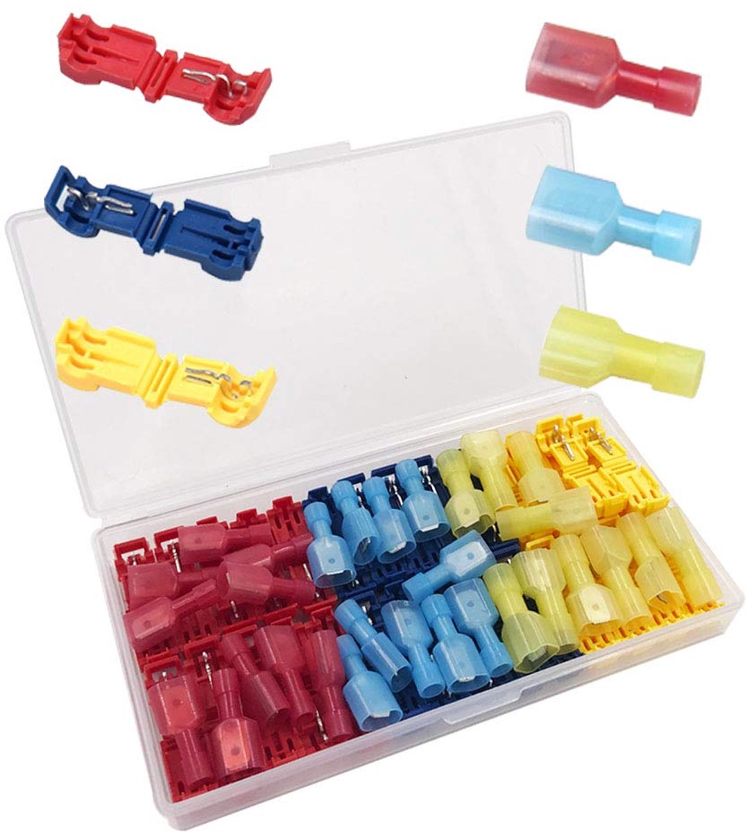 elec 60 stuks (30 paar) geavanceerde T-Tap-aansluitklemmen aftakverbinder, T-snelkoppeling + volledig geïsoleerde platte stekker - rood 20 stuks, blauw 20 stuks, geel 20 stuks