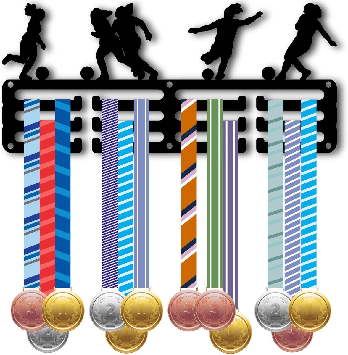 Voetbal medaille houder voetbal award display kleine metalen ijzer vrouwen sport race lint organisator medaille hanger muur rek frame plank voor ophangen 40+ awards thuis badge atleten 29 x