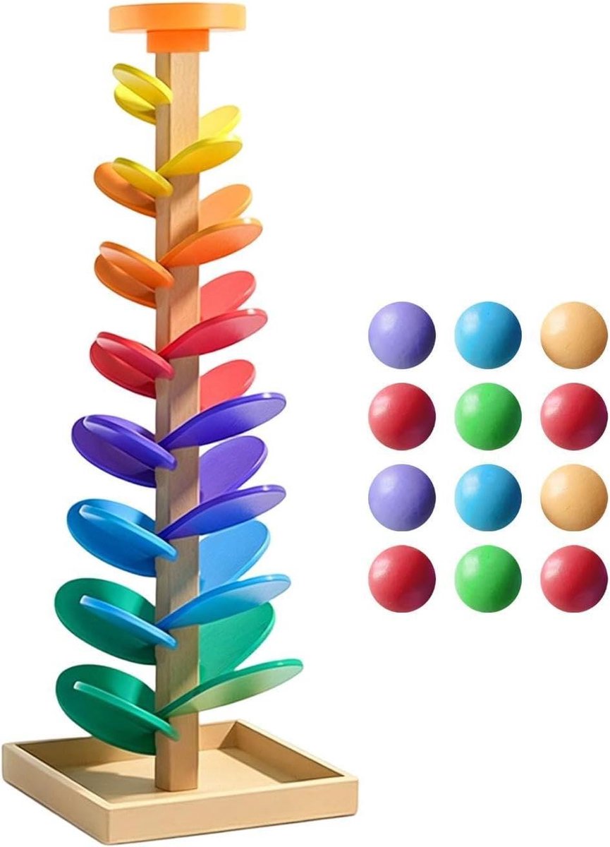 Houten Knikkerbaan - Ballenbaan Muziekboom - Kleuren Leren Spelen - Valbestendig Ontwerp - 30 x 37.5 x 4 cm - Multicolor
