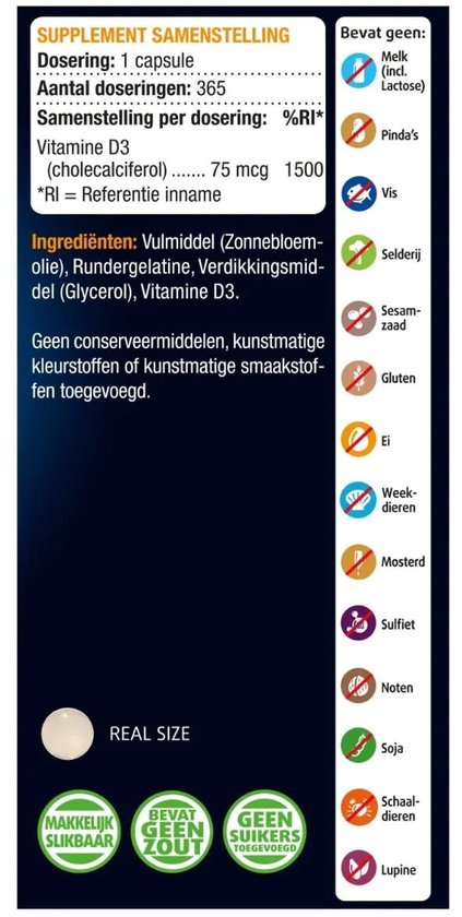 Supplement samenstelling, dosering, ingrediënten en allergie-informatie. Een capsule en "REAL SIZE" opdruk.