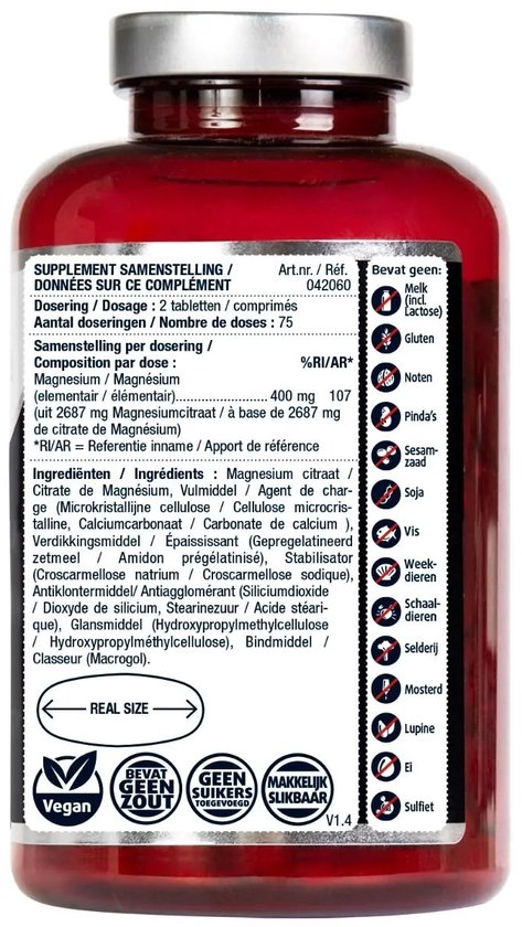 Rode plastic pot met etiket. Bevat 75 doseringen van 2 tabletten magnesiumcitraat, 400 mg per dosering. Vegan, glutenvrij, suikervrij.
