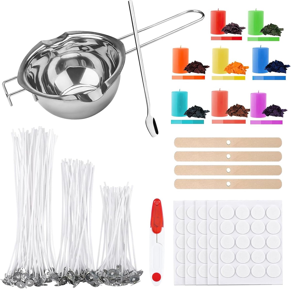 Doe-het-zelf kaarsenset, kaarsenmaakset, smeltpot en 100 kaarslonten, 8 kaarskleuren, 100 kaarsenstickers, 4 lonthouders, kaarsenmakingsset voor volwassenen en kinderen, 480 ml