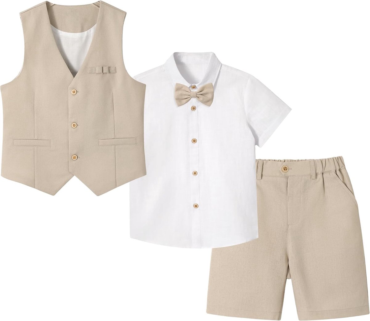 4-delige set pagen jongenspak voor jongens, linnen zomerpak, feestelijke zomerbruiloft, doop, ceremonie, verjaardagsfeestkleding, kindervest, shorts, pak set met vlinderdas