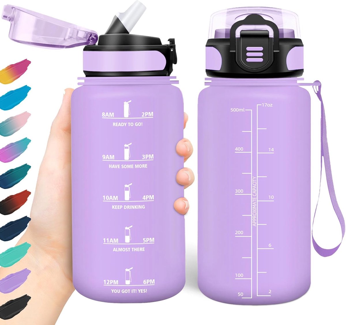 Drinkfles 500 ml, BPA-vrij en lekvrij, drinkfles met rietje, herbruikbare drinkfles voor de basisschool, motiverende drinkfles voor school, fitnessstudio, kantoor, hardlopen