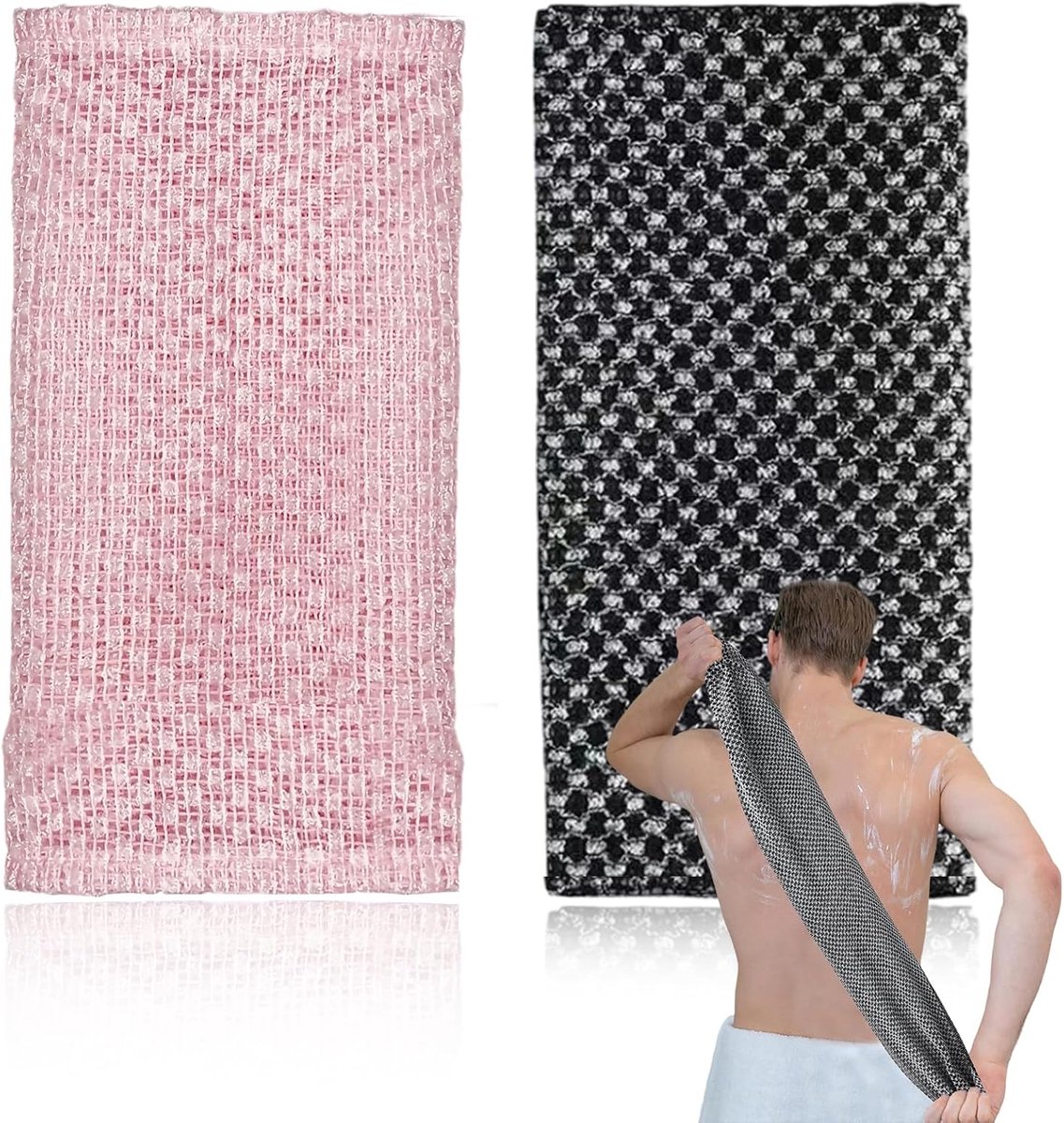 2 stuks exfoliërende handdoeken, rugscrub voor de douche, lichaamscrub, Koreaanse, Japanse en Afrikaanse handdoek, zacht, dode huid, badaccessoires (zwart, roze)