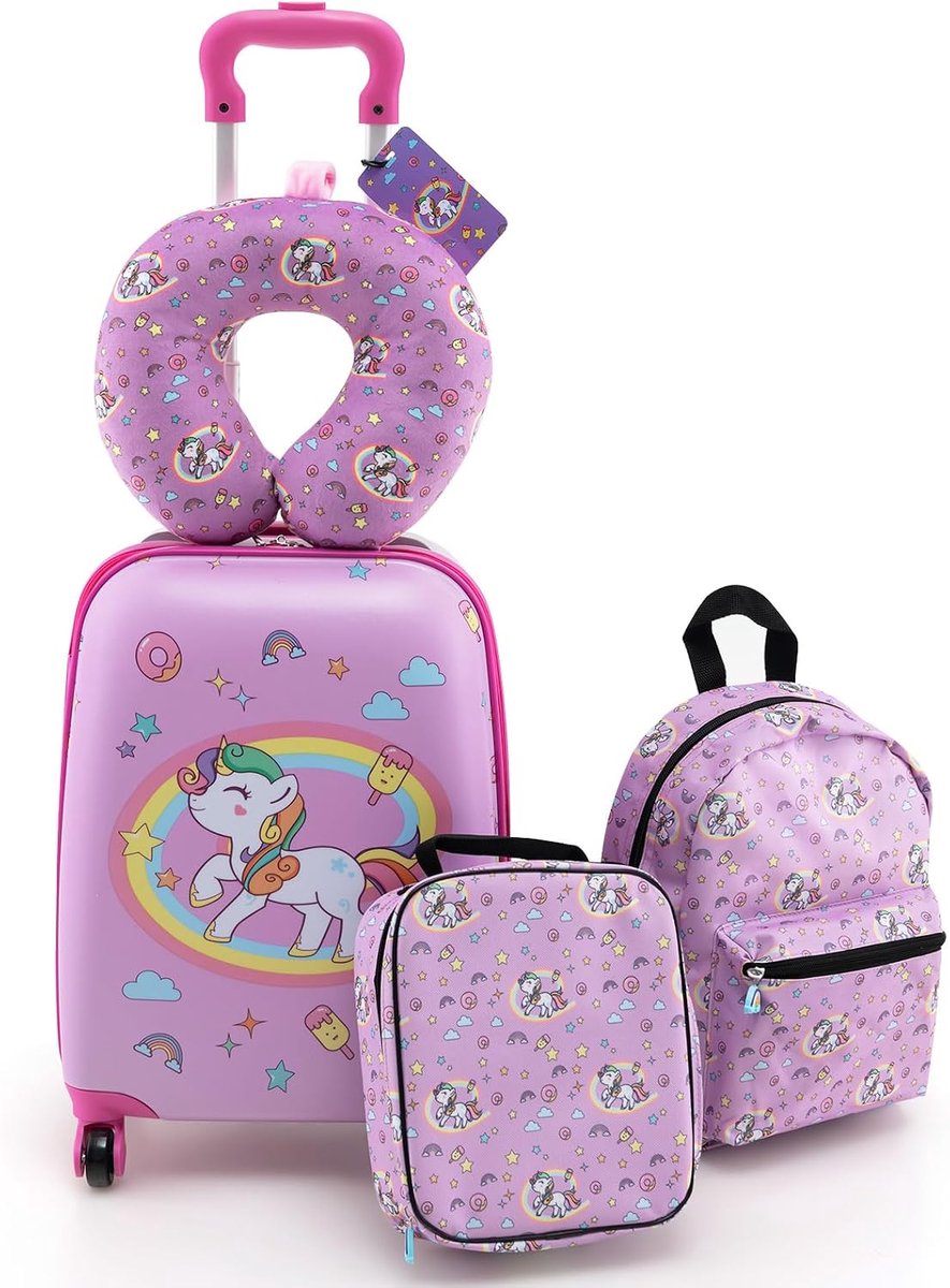 Kinderbagage met rugzak en lunchbox, bagagelabel en nekkussen, kindertrolley met wielen, handbagage, reiskoffer, harde koffer voor kinderen vanaf 6 jaar (eenhoorn