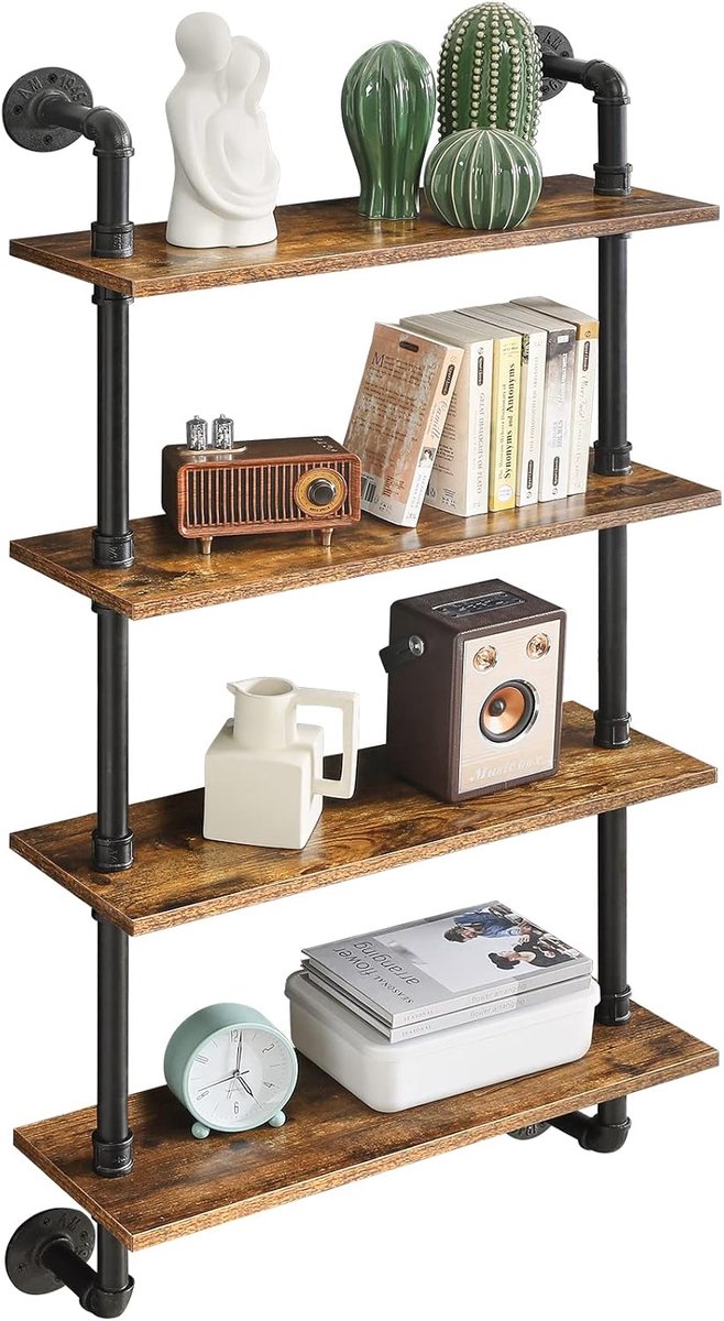 Wandrek, zwevend rek met 4 verdiepingen, hout, wandboard in retro industrieel design, 60 cm, voor boeken, decoratie, planten, wijnflessen, stabiel, metalen frame, voor keuken woonkamer, kantoor
