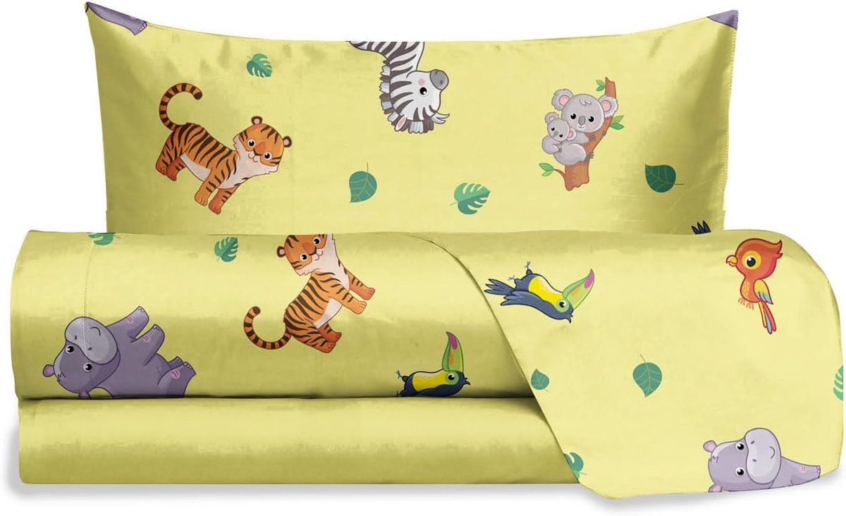 hermet Jolly Jungle Eenpersoons beddengoedset van 100% katoen, bovenlaken, hoeslaken + kussensloop, beddengoedset met patroon voor kinderkamer
