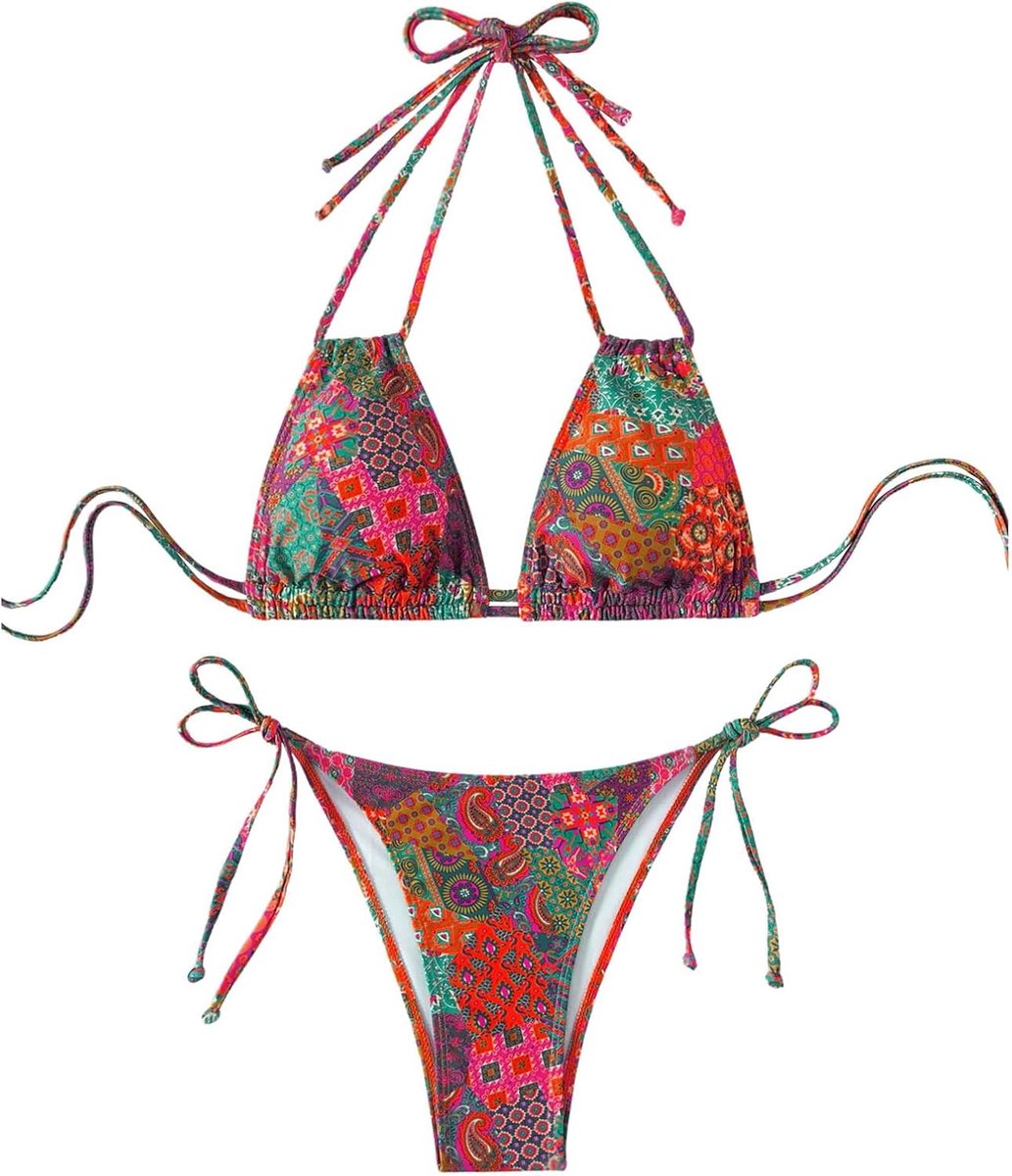 Dames bikiniset badmode set 2 stuks zwemkleding halter bikinitop hoge taille tangas triangel badmode tweedelig badpak met veters