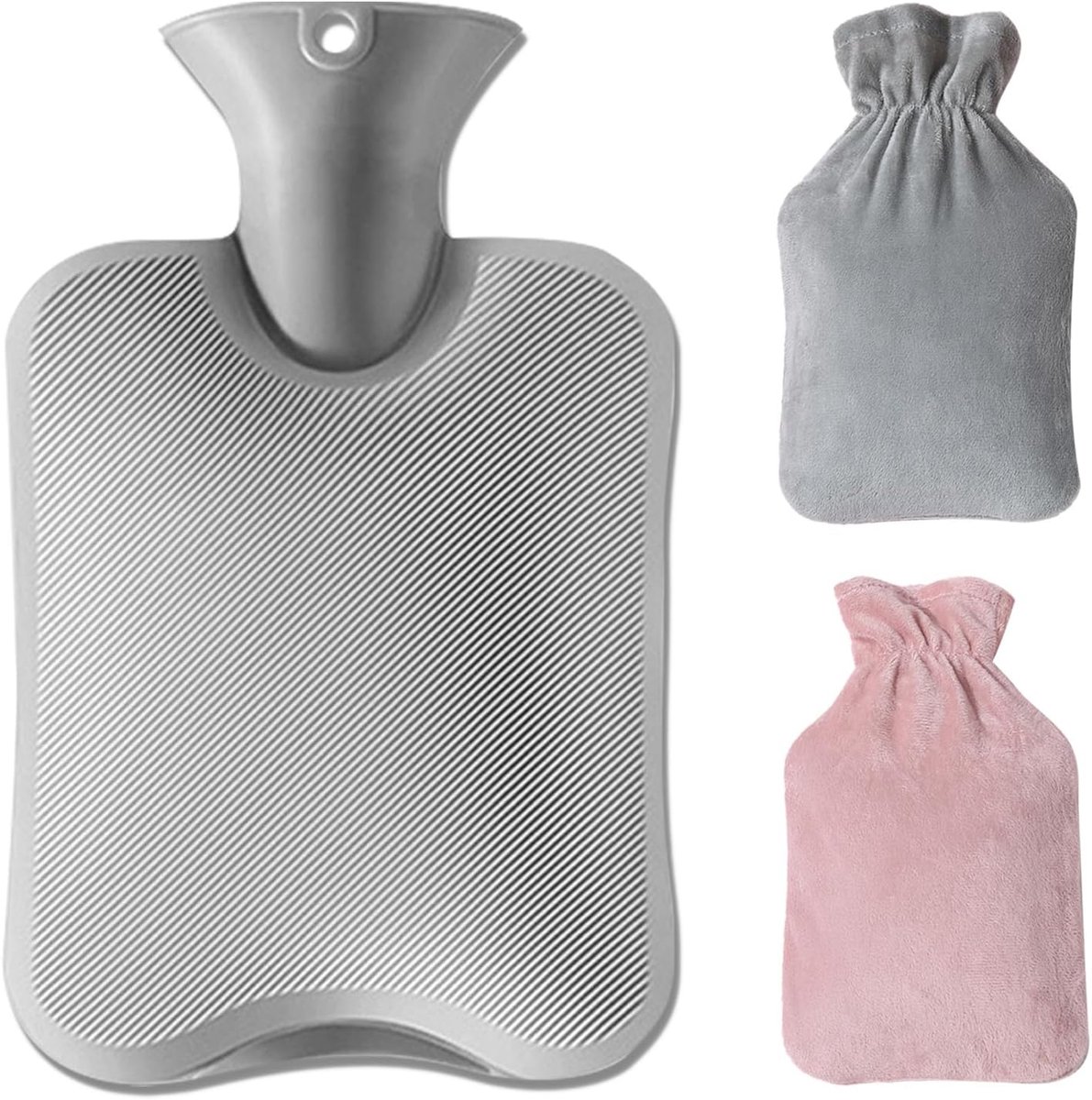 Warmwaterkruik met 2 hoezen van zacht fleece, 1 l, grijs, warmwaterkruik, binnen, warmwaterkruik, pijnlijke regels, warmwaterkruik, langdurige warmte, warmwaterkruik met hand, buik, nek