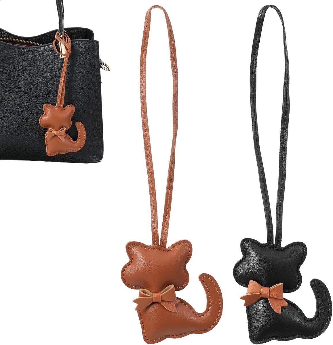 2 stuks katvormige lederen tas bedels sleutelhanger - (zwart+bruin) kitten hanger voor vrouwen, bijpassende portemonnee decoratief cadeau voor kattenliefhebber